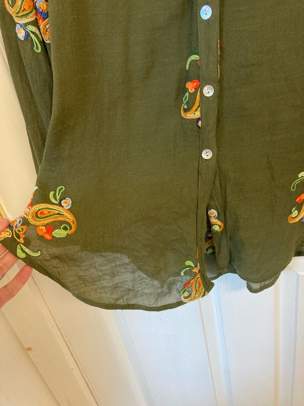 FIGLEAVEN Olive Embroidered Button-Down Blouse - Picture 5 of 8